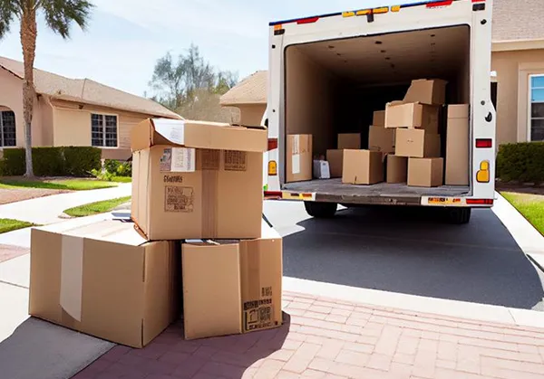 The open back of a moving truck is filled with numerous stacked cardboard boxes of varying sizes, parked on a residential street in front of a house.