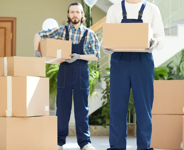Professional movers in Bethel, WA, in uniform, collaborate to carry multiple moving boxes securely.