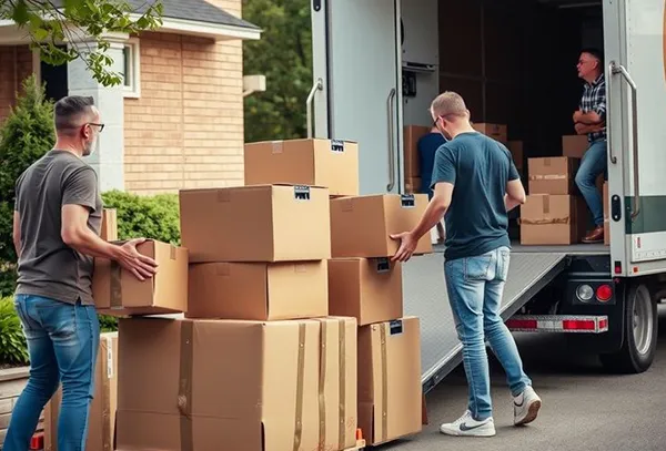 A person stacks labeled cardboard boxes in a residential hallway, preparing for a move.