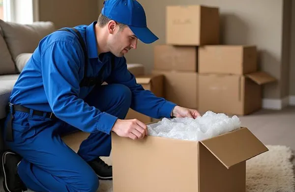 A mover wearing a blue uniform kneels on the floor, carefully wrapping items in bubble wrap to pack them into a cardboard box.