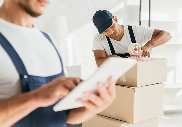 Movers packing boxes in a home, illustrating residential packing services.
