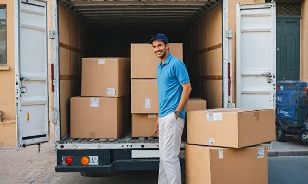 Movers unloading boxes from a moving truck, representing seamless custom unloading services.