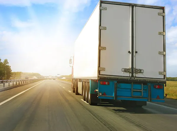 A moving truck is parked, and a person is loading or unloading cardboard boxes.